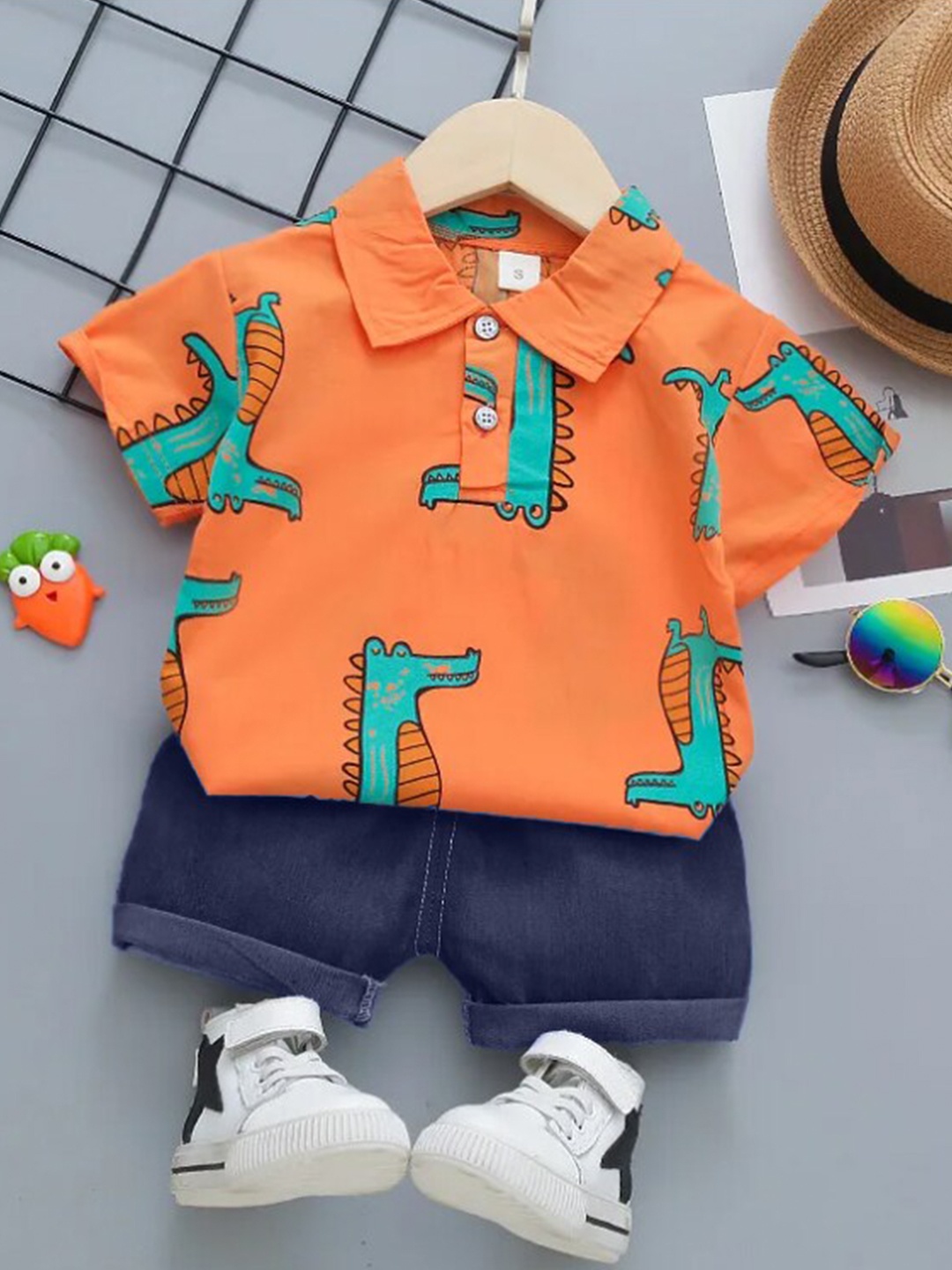 

BAESD Boys Printed Shirt Collar T-shirt With Shorts, Orange