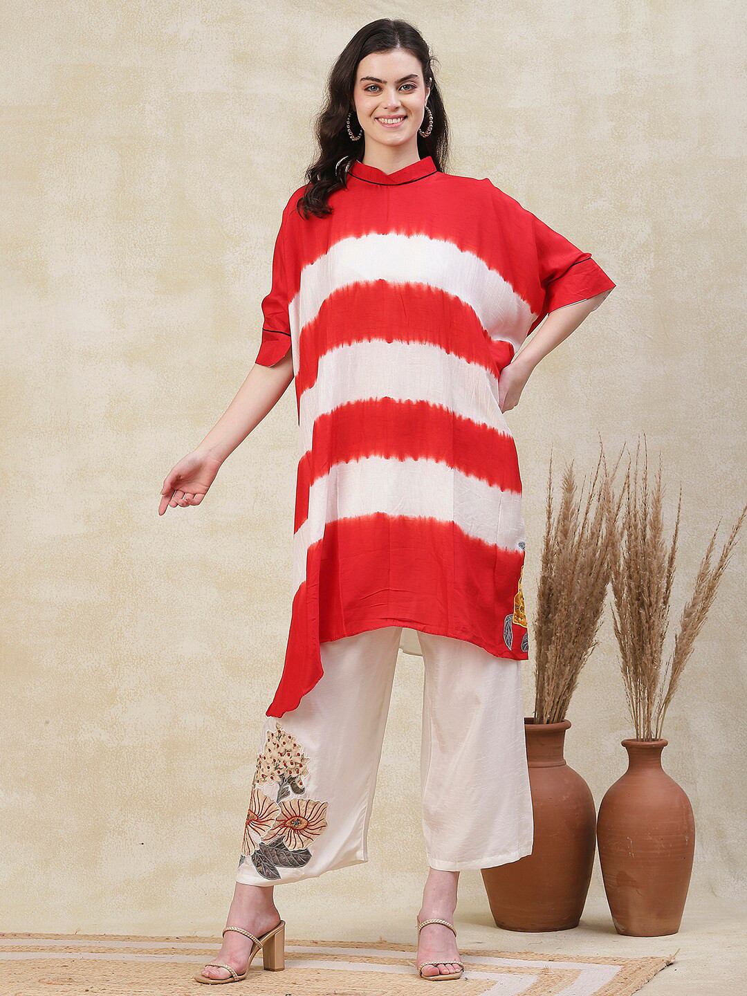 

Envy Me by FASHOR Tie Dyed Three Quarter Sleeves Regular Kurta with Palazzos, Red