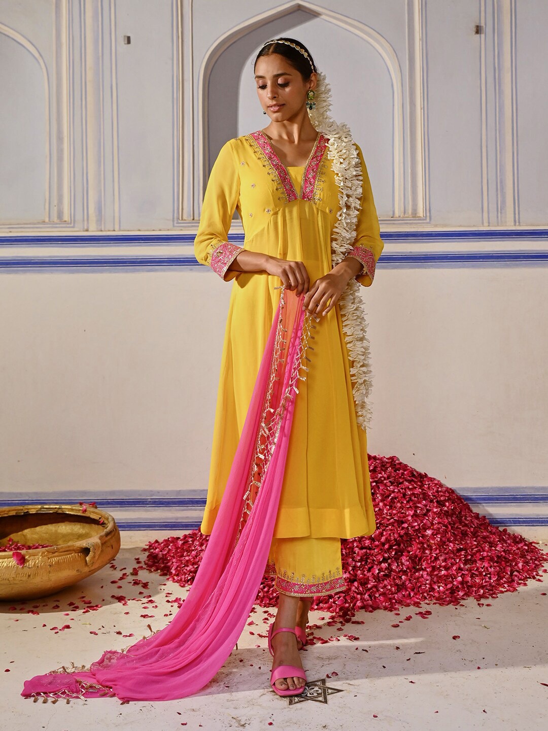 

Envy Me by FASHOR Floral Thread Work Kurta with Palazzos & Dupatta, Yellow