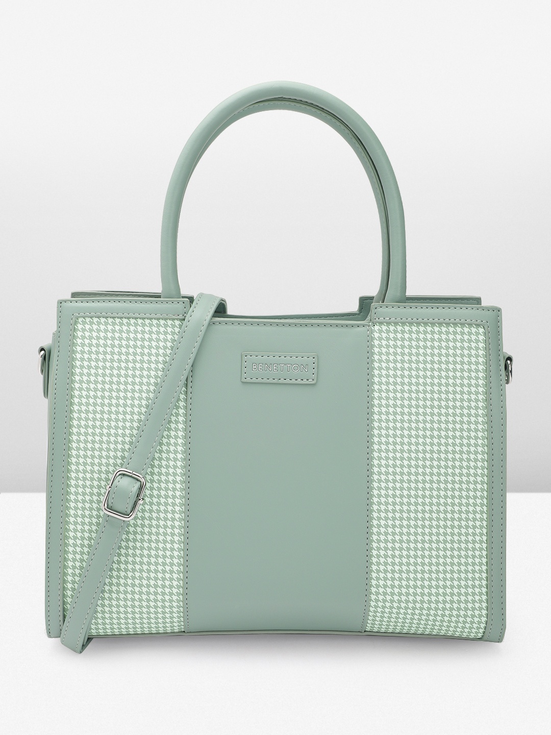 

United Colors of Benetton Houndstooth Printed Structured Handheld Bag, Green