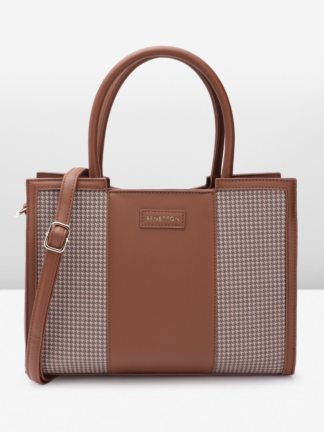 

United Colors of Benetton Brand Logo Printed Structured Handheld Bag, Brown