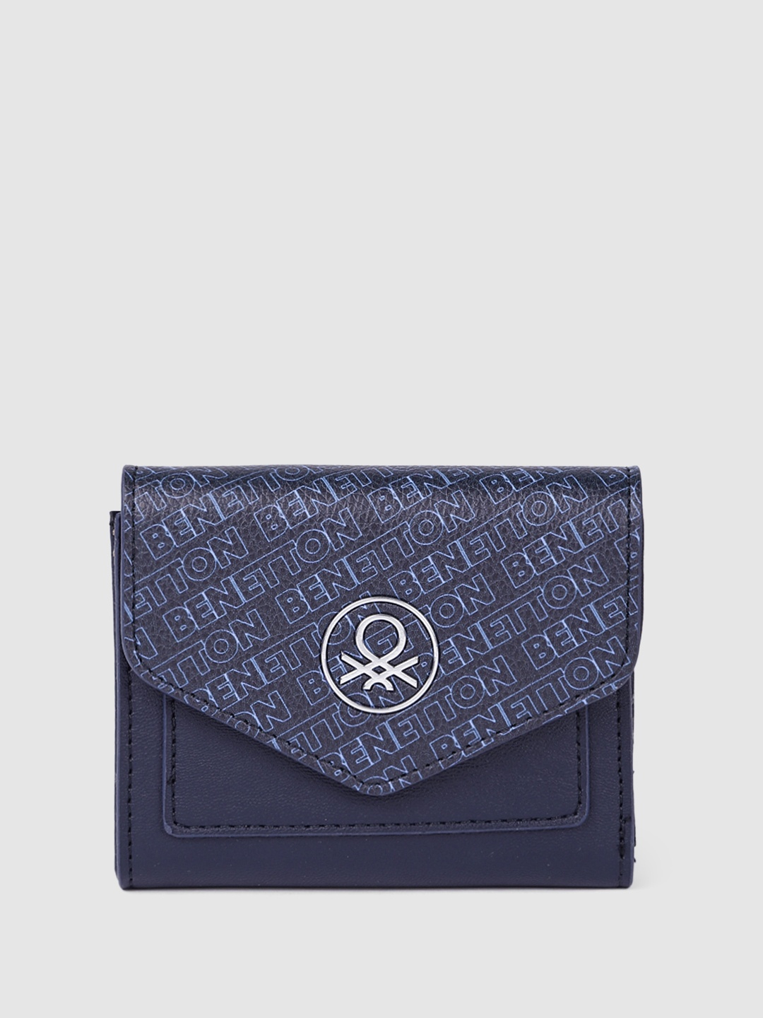 

United Colors of Benetton Women Brand Logo Printed Three Fold Wallet, Navy blue