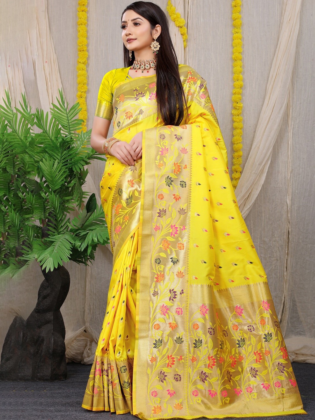 

CaniBani Ethnic Motifs Woven Design Zari Pure Silk Paithani Saree, Yellow