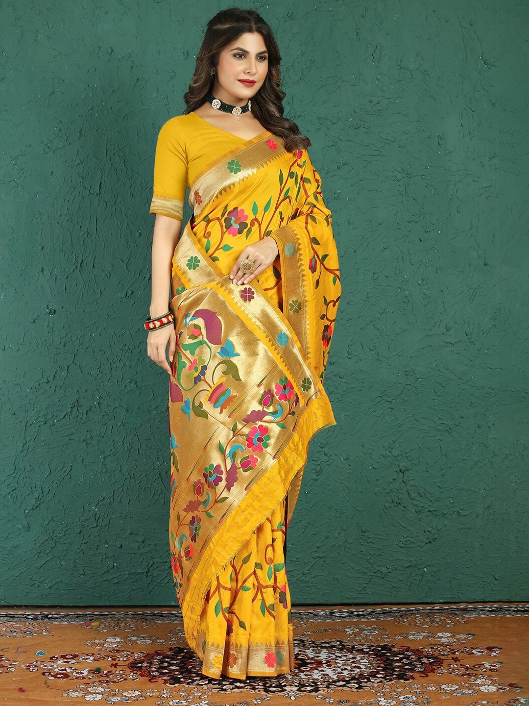 

CaniBani Ethnic Motifs Woven Design Zari Pure Silk Paithani Saree, Yellow