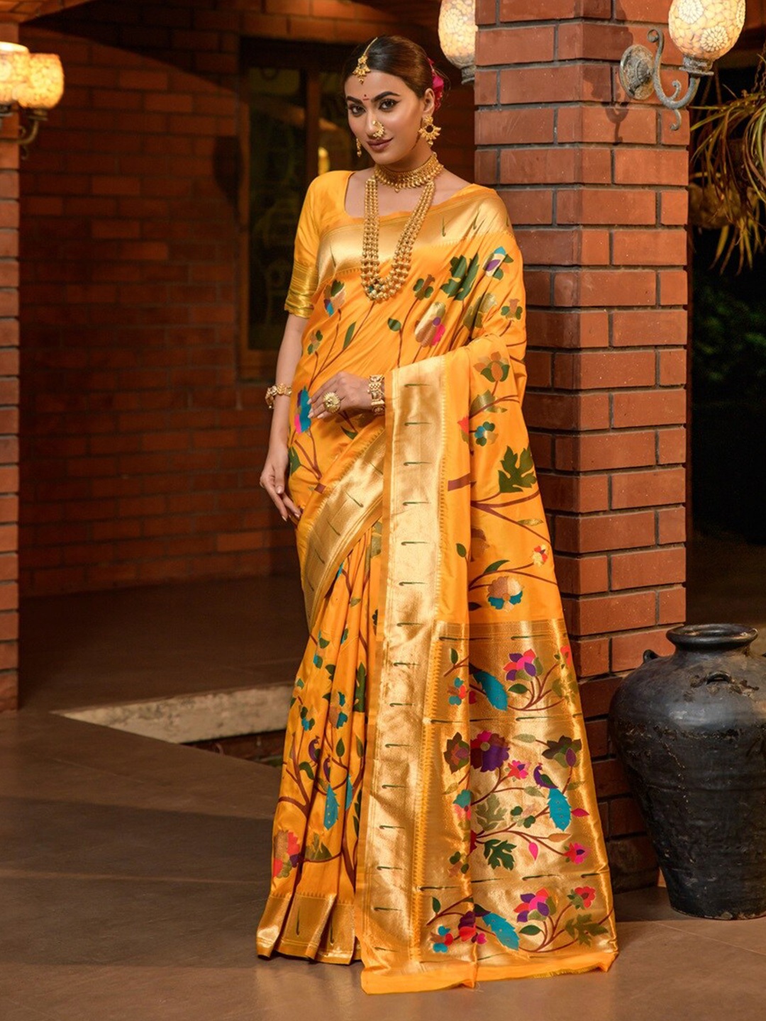 

CaniBani Floral Woven Design Zari Pure Silk Paithani Saree, Mustard