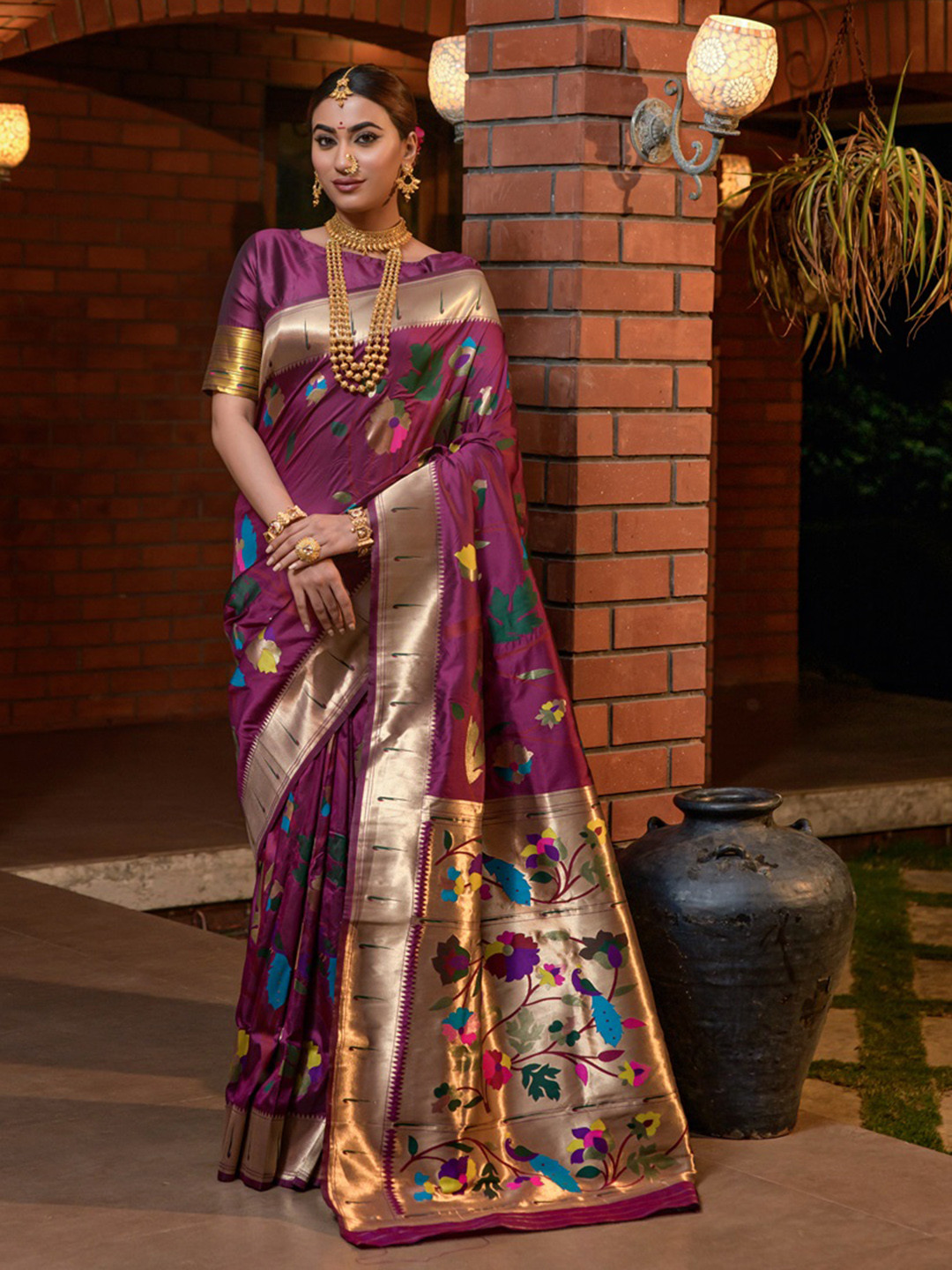 

CaniBani Ethnic Motifs Woven Design Zari Pure Silk Paithani Saree, Magenta