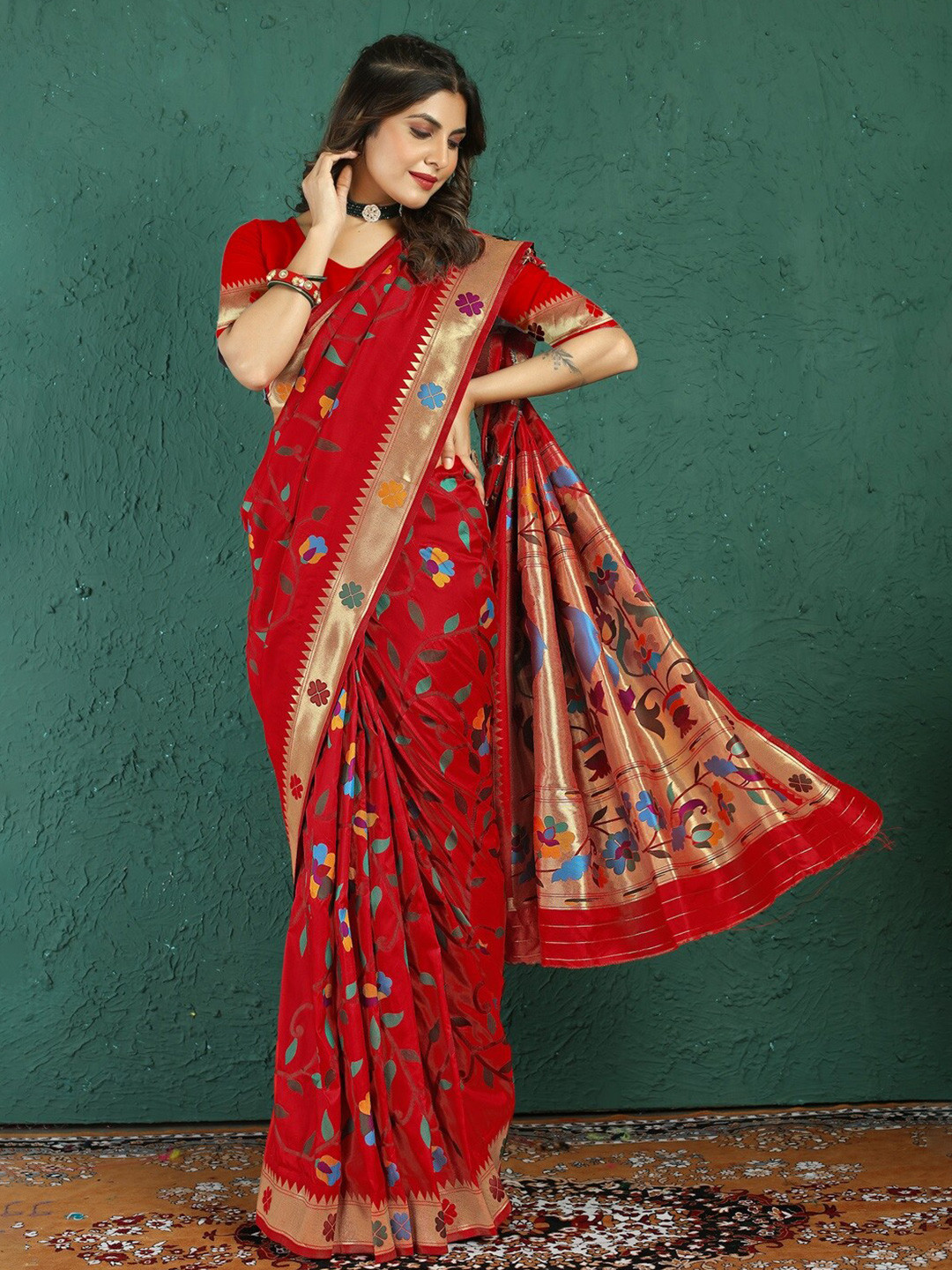 

CaniBani Floral Woven Design Zari Pure Silk Paithani Saree, Red