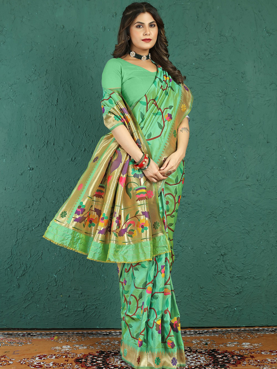 

CaniBani Floral Woven Design Zari Pure Silk Paithani Saree, Fluorescent green