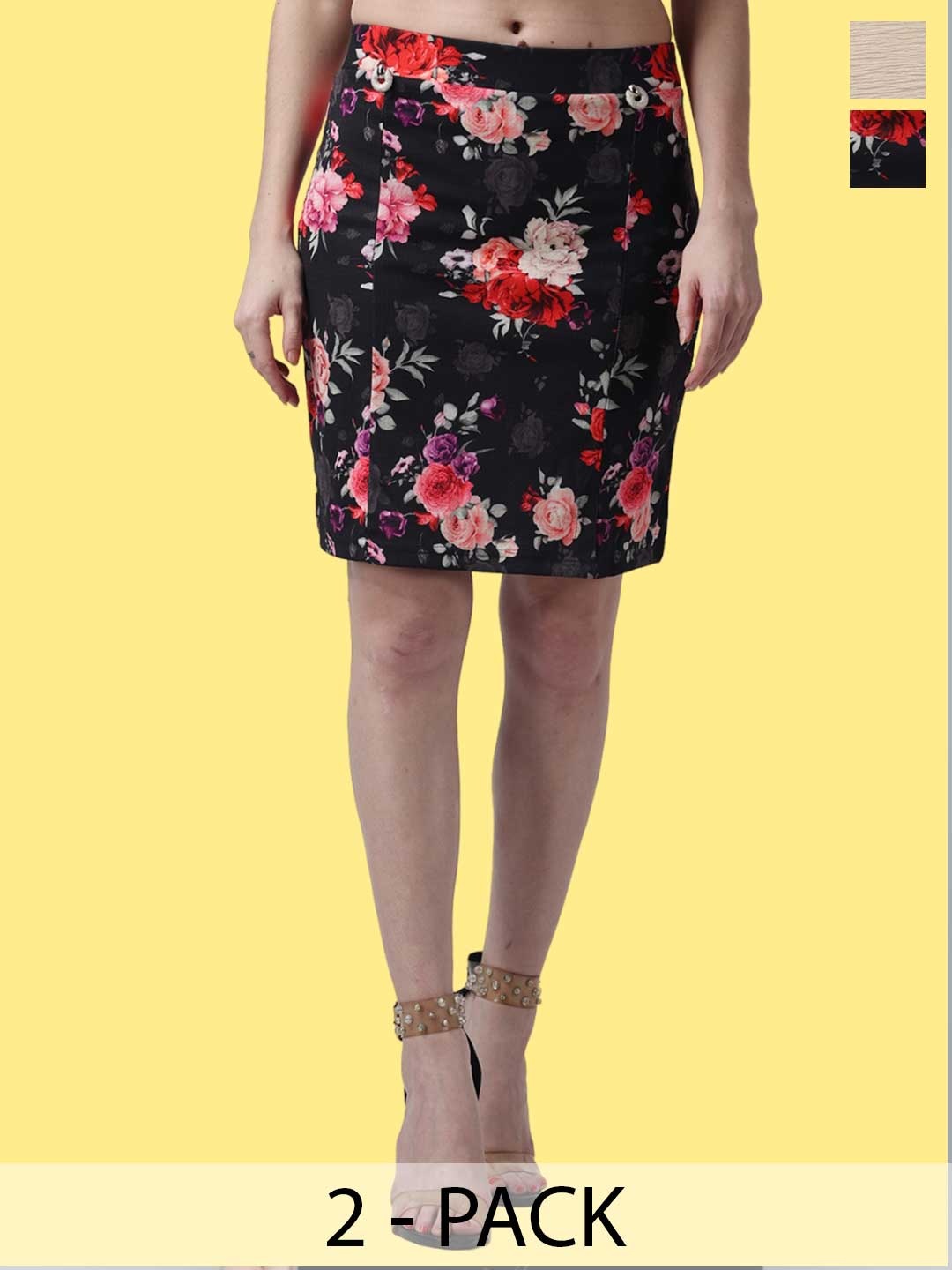 

Popwings Pack Of 2 Floral Printed Pencil Skirts, Black