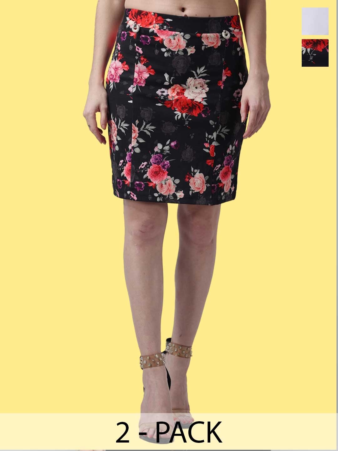 

Popwings Pack Of 2 Floral Printed Pencil Skirts, Black
