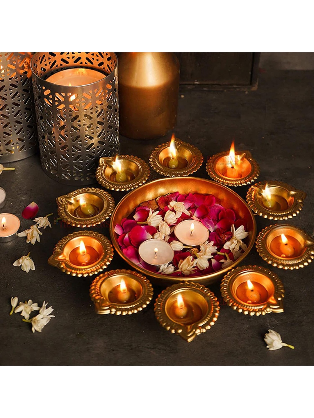 

PRISHA INDIA CRAFT Gold Toned Urli Bowl With Diyas