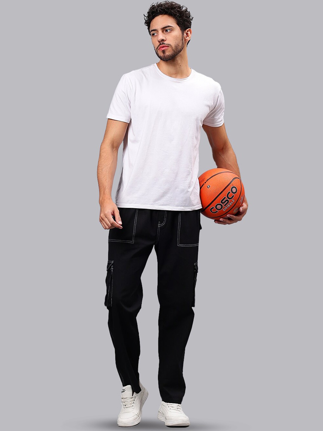 

Mad Over Print Men Relaxed Loose Fit Cotton Cargo Trousers, Black