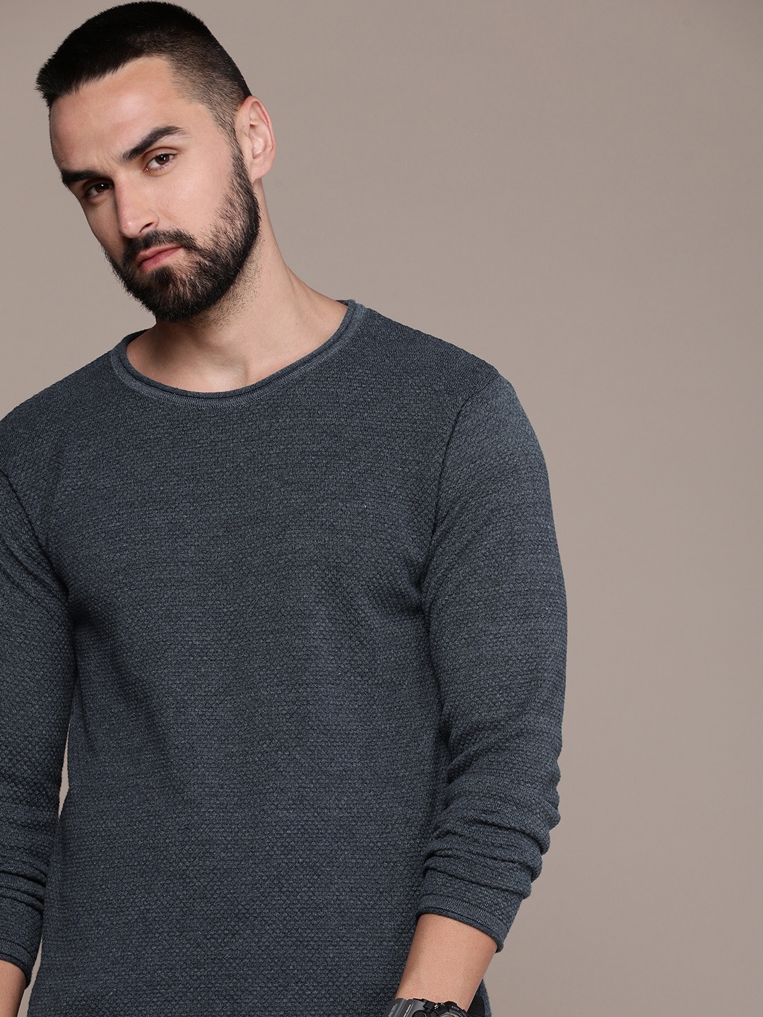 

Roadster Men Self Design Pullover, Grey