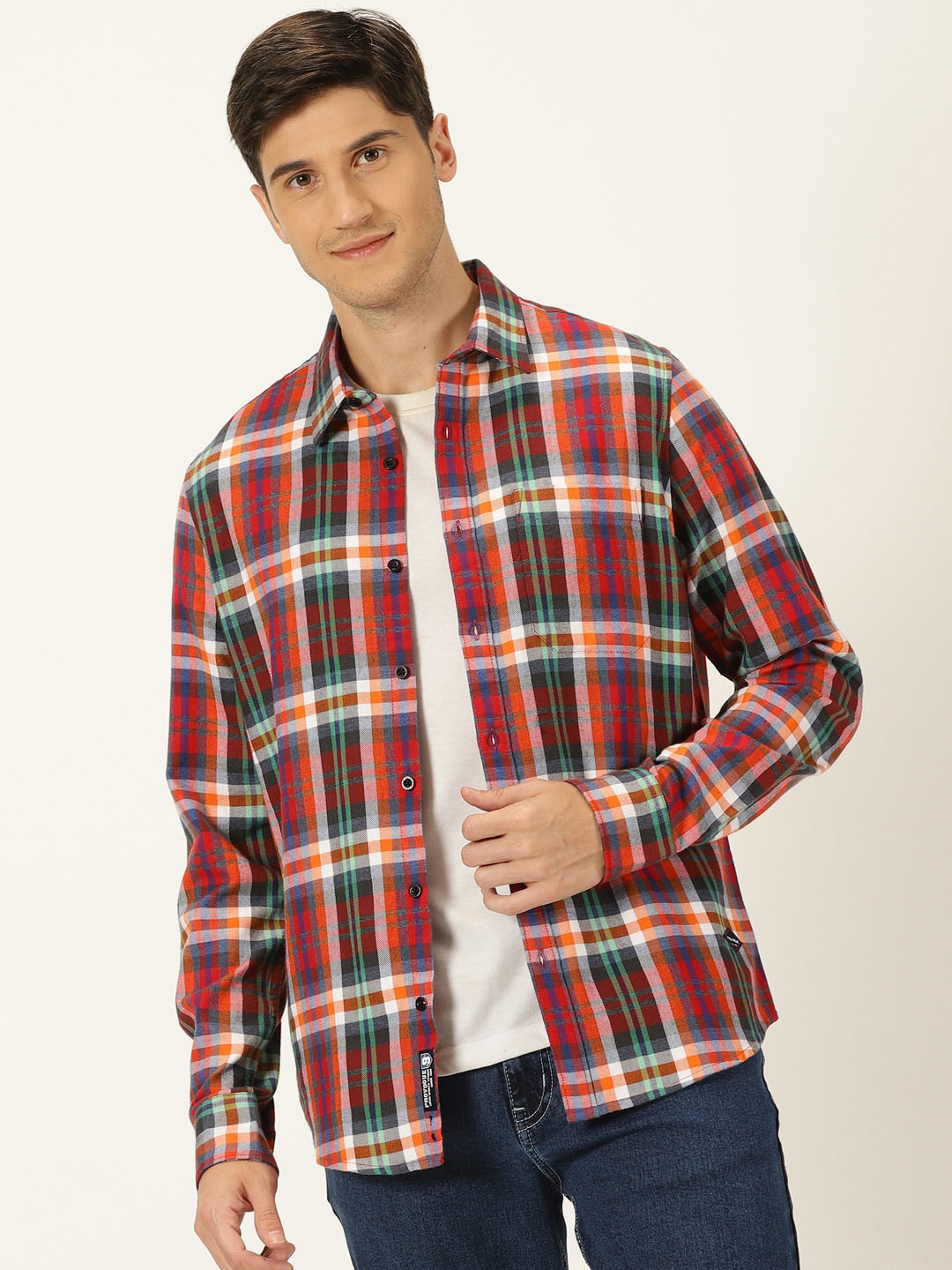 

Provogue Slim Fit Tartan Checked Spread Collar Long Sleeves Casual Shirt, Navy blue