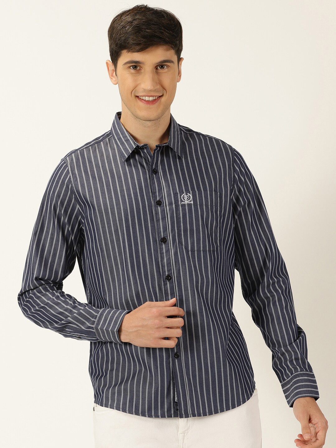 

Provogue Original Slim Fit Vertical Striped Pure Cotton Casual Shirt, Navy blue