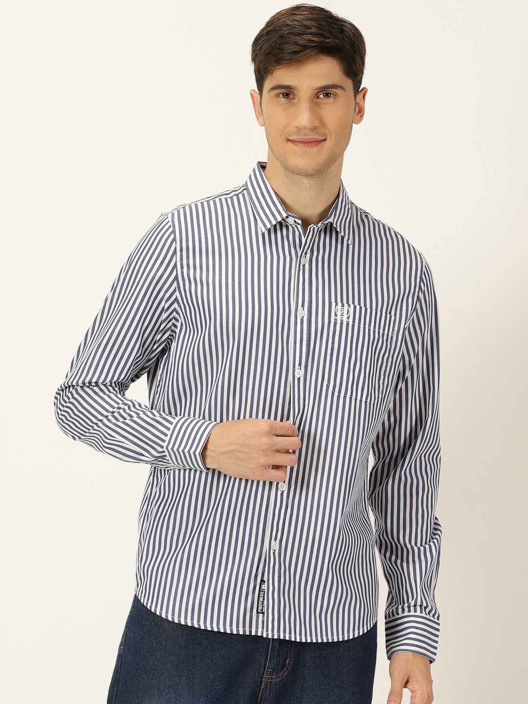 

Provogue Original Slim Fit Vertical Striped Pure Cotton Casual Shirt, Navy blue