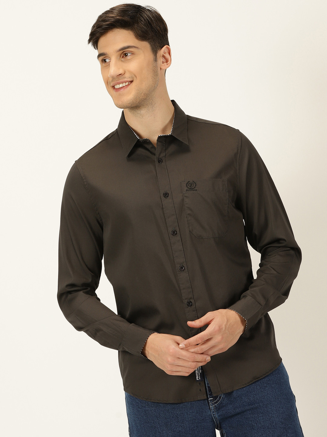 

Provogue Original Slim Fit Spread Collar Long Sleeves Cotton Casual Shirt, Olive