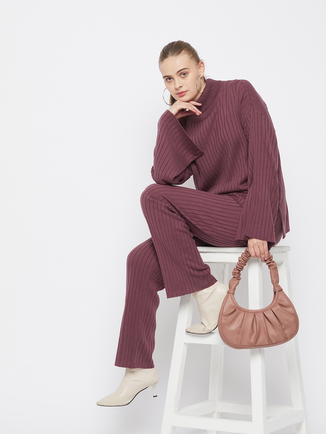 

Club York Striped High Neck Sweater & Trousers Co-Ords, Burgundy