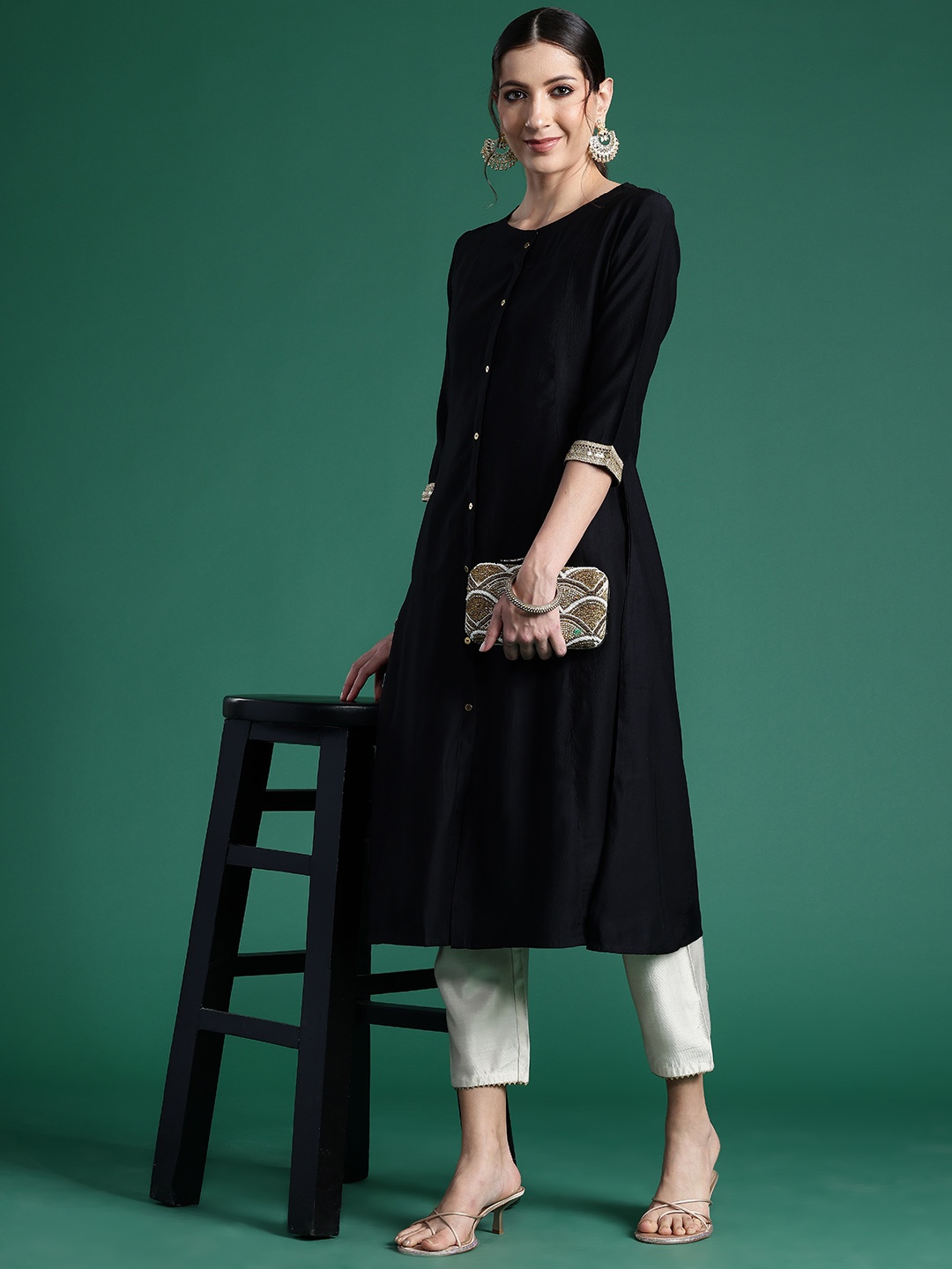 

Indo Era Women Solid Liva A-Line Kurta, Black