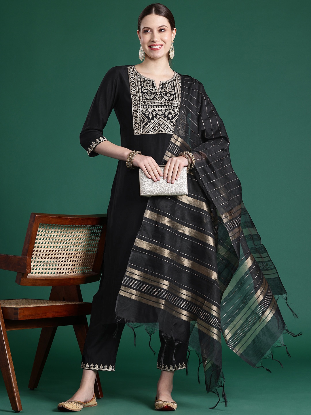 

Indo Era Yoke Design Zari Liva Kurta With Trousers & Dupatta, Black