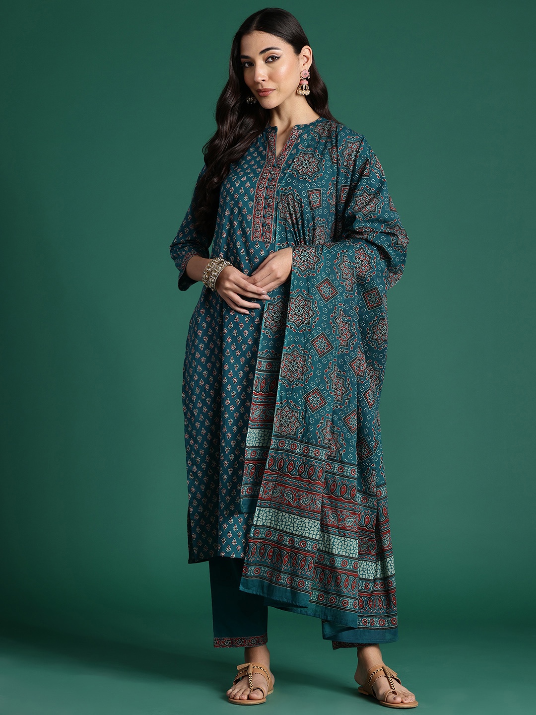 

Indo Era Ethnic Motifs Printed Pure Cotton Kurta With Trousers & Dupatta, Teal