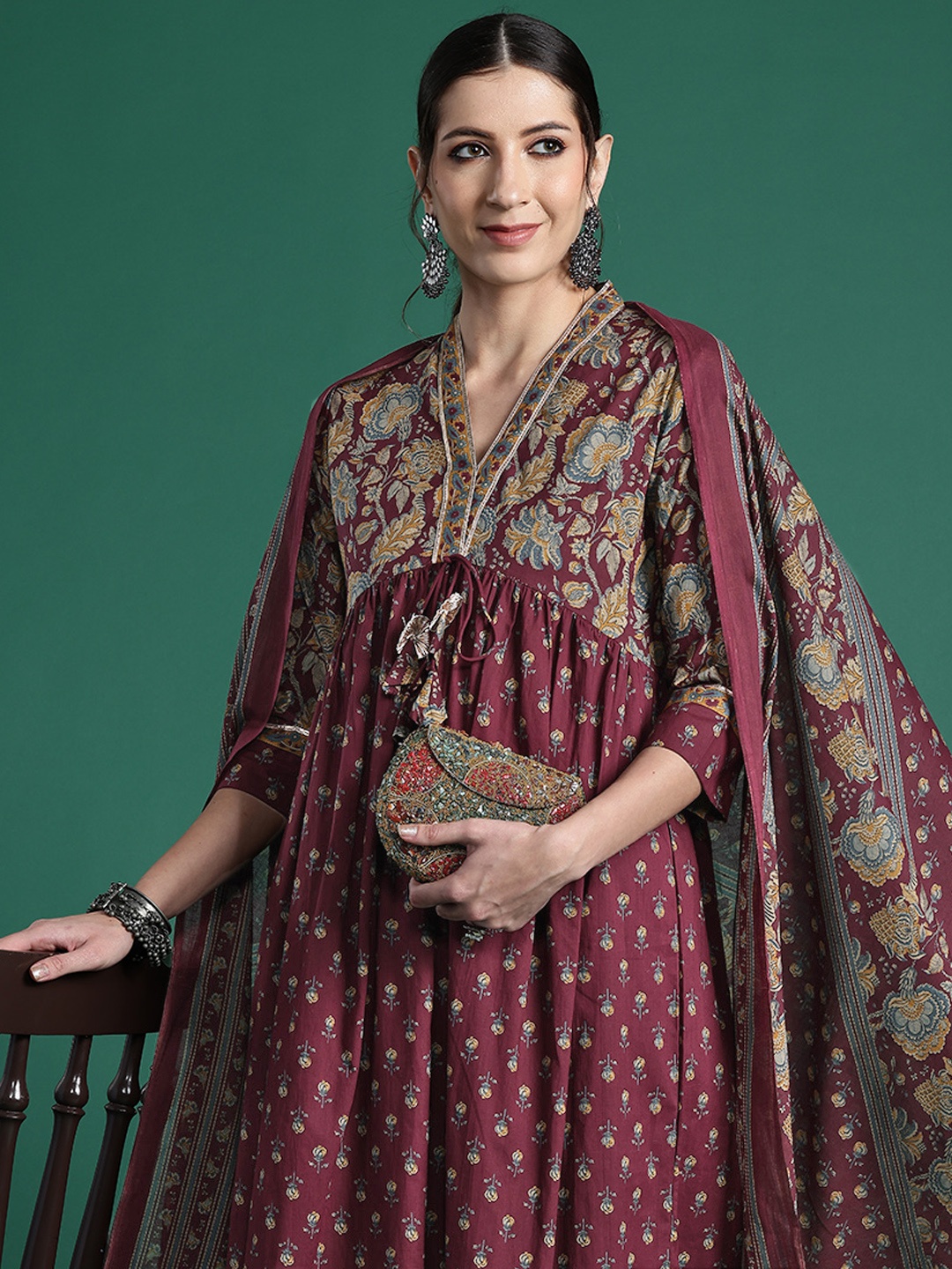 

Indo Era Floral Printed Empire Gotta Patti Pure Cotton Kurta with Trousers & Dupatta, Burgundy