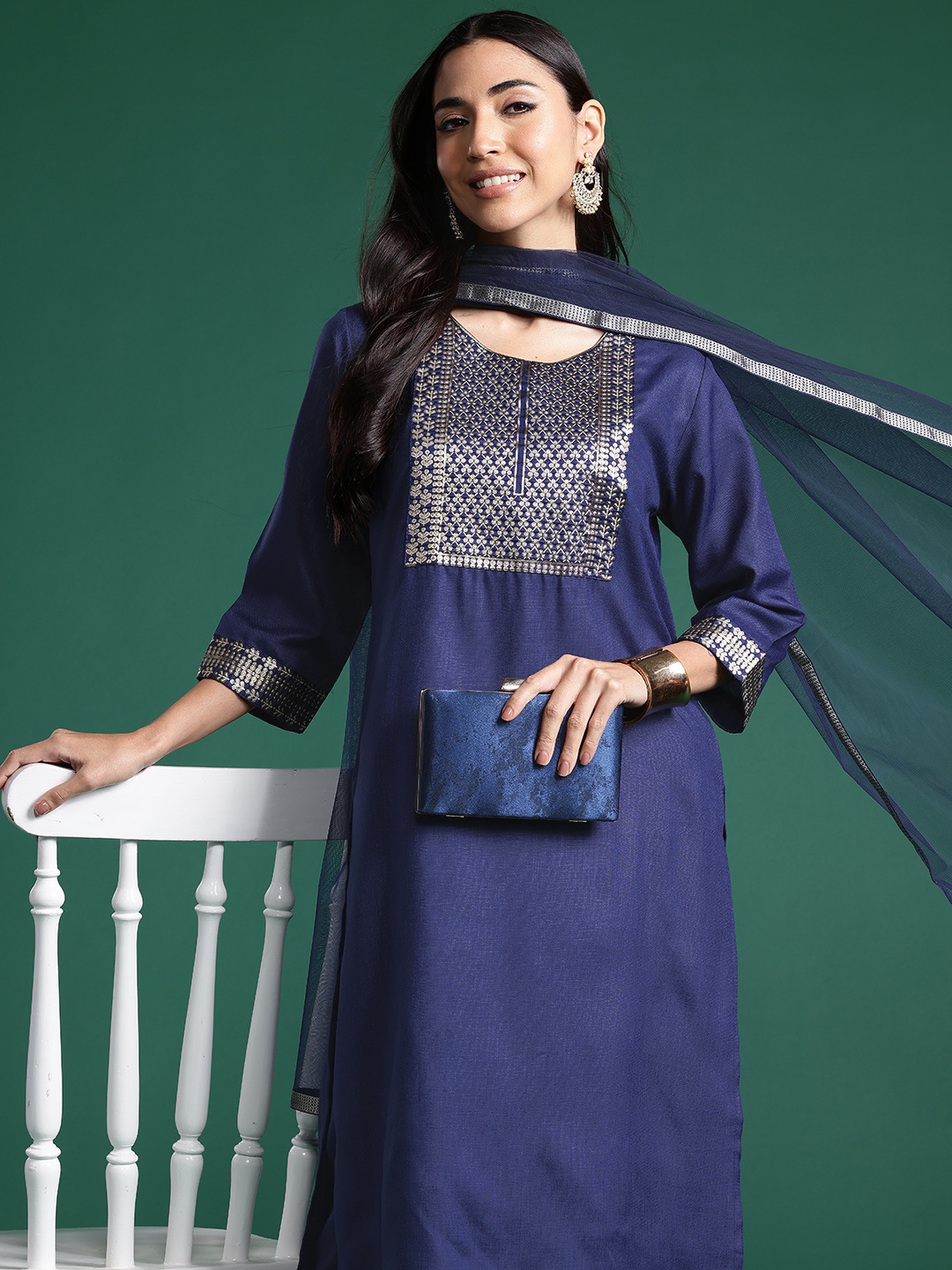 

Indo Era Women Ethnic Motifs Yoke Design Regular Pure Cotton Kurta with Palazzos & With Dupatta, Navy blue