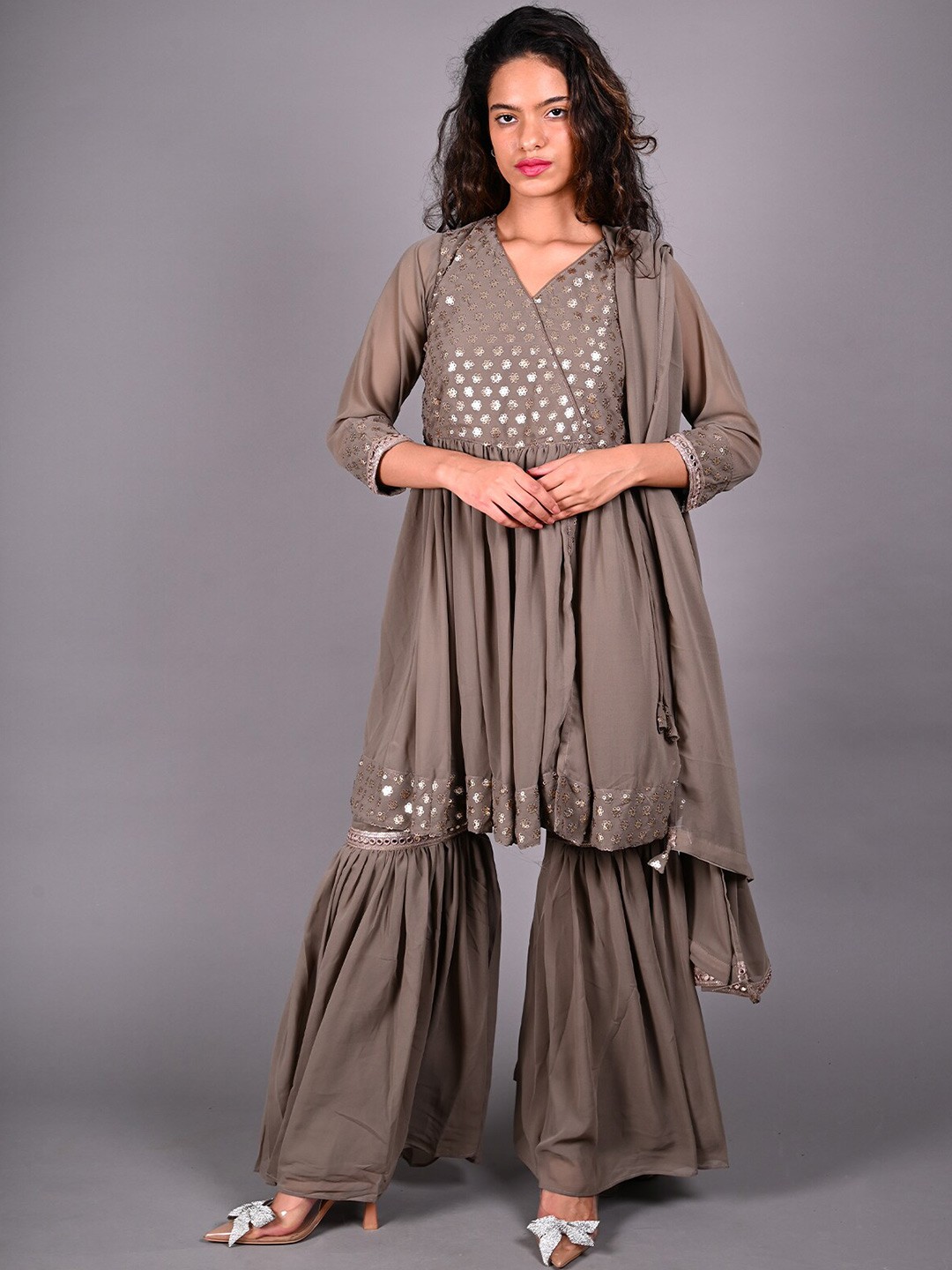 

ODETTE Embroidered Angrakha Kurta With Sharara & Dupatta, Grey