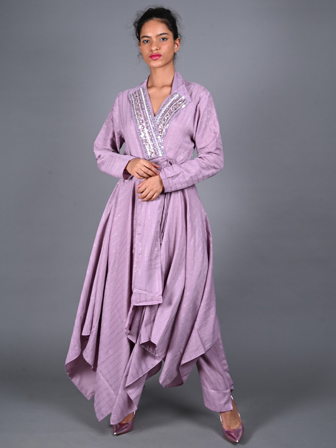 

ODETTE Striped Printed Angrakha Kurta With Trouser, Purple