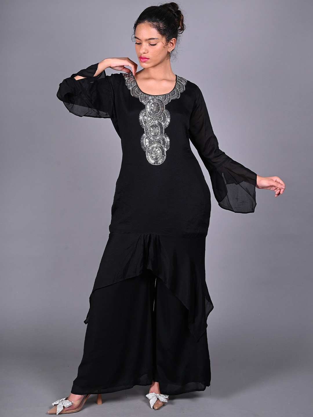 

ODETTE Embroidered Round Neck Tunic With Palazzo, Black