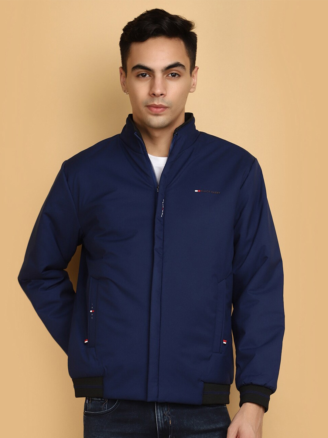 

V-Mart Woollen Stand Collar Lightweight Bomber Jacket, Blue
