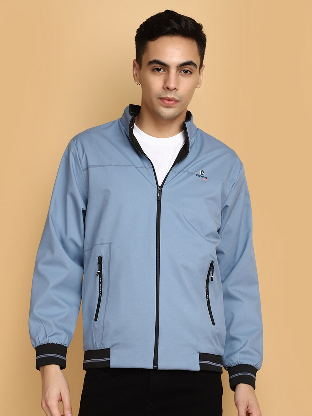 

V-Mart Men Stand Collar Lightweight Woollen Bomber Jacket, Blue