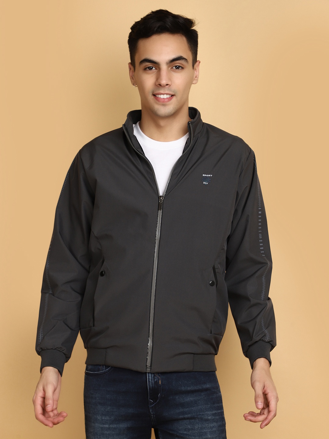 

V-Mart Mock Collar Lightweight Bomber Jacket, Grey