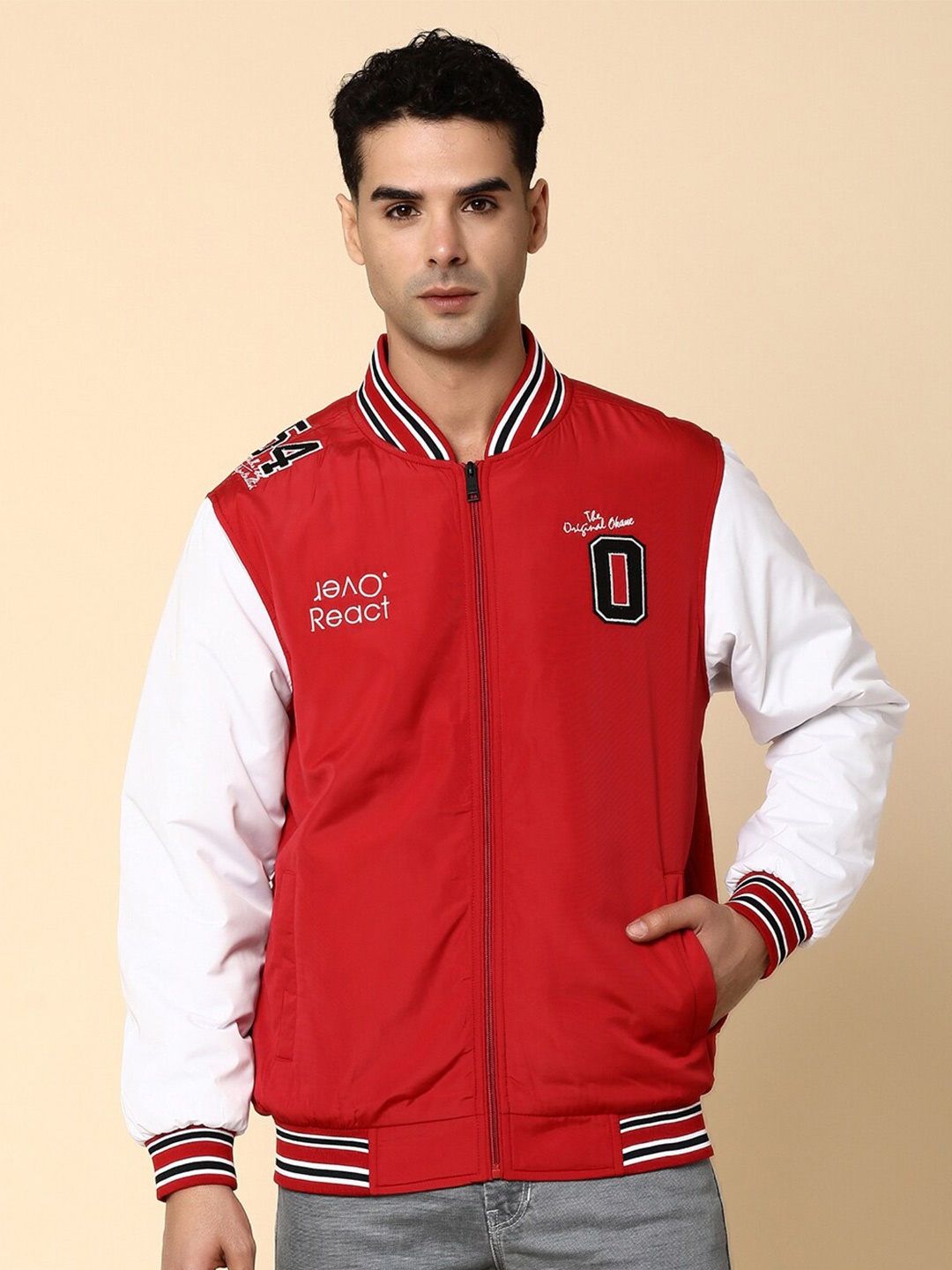 

V-Mart Colourblocked Stand Collar Lightweight Woollen Bomber Jacket, Red