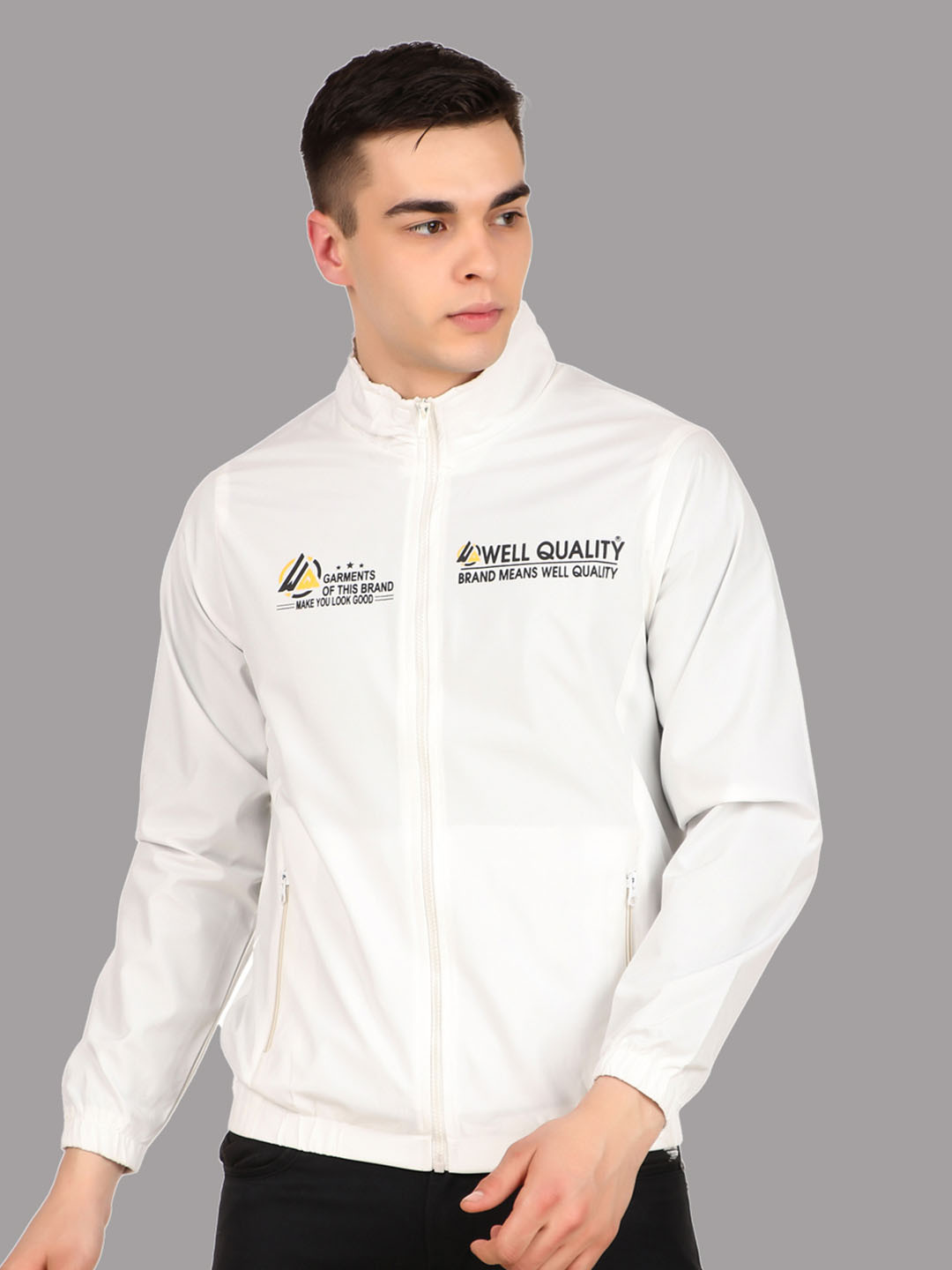 

WELL QUALITY Typography Printed Dry Fit Mock Collar Lightweight Sporty Jacket, White