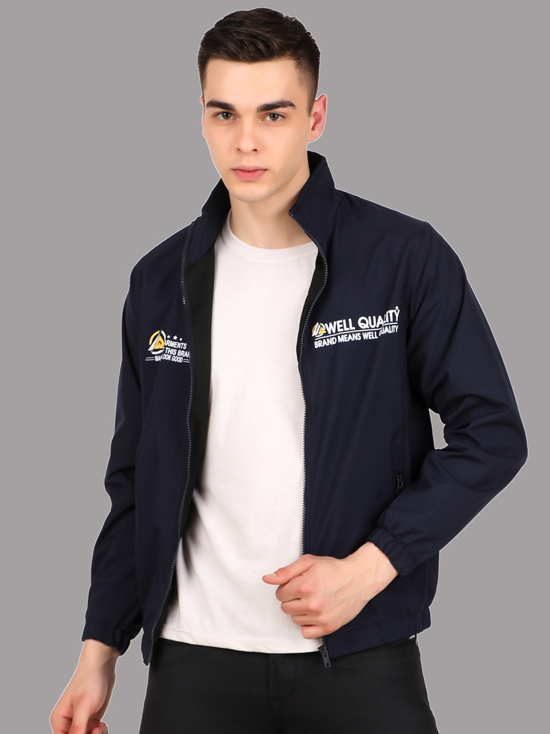 

WELL QUALITY Typography Printed Dry Fit Lightweight Gym Sporty Jacket, Navy blue