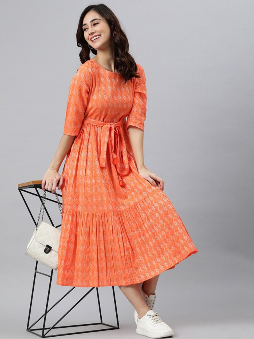 

Subh LAXMI Printed Round Neck A-Line Midi Dress, Orange