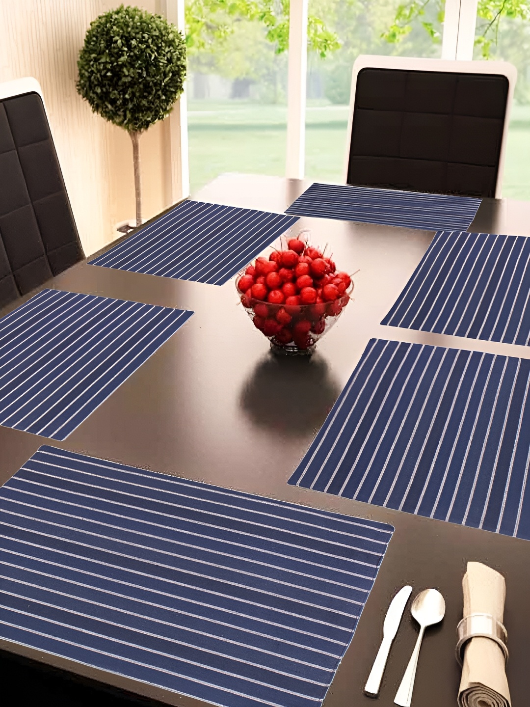 

FABURAA 6 Pieces Navy Blue Striped Rectangle Pure Cotton Table Placemats