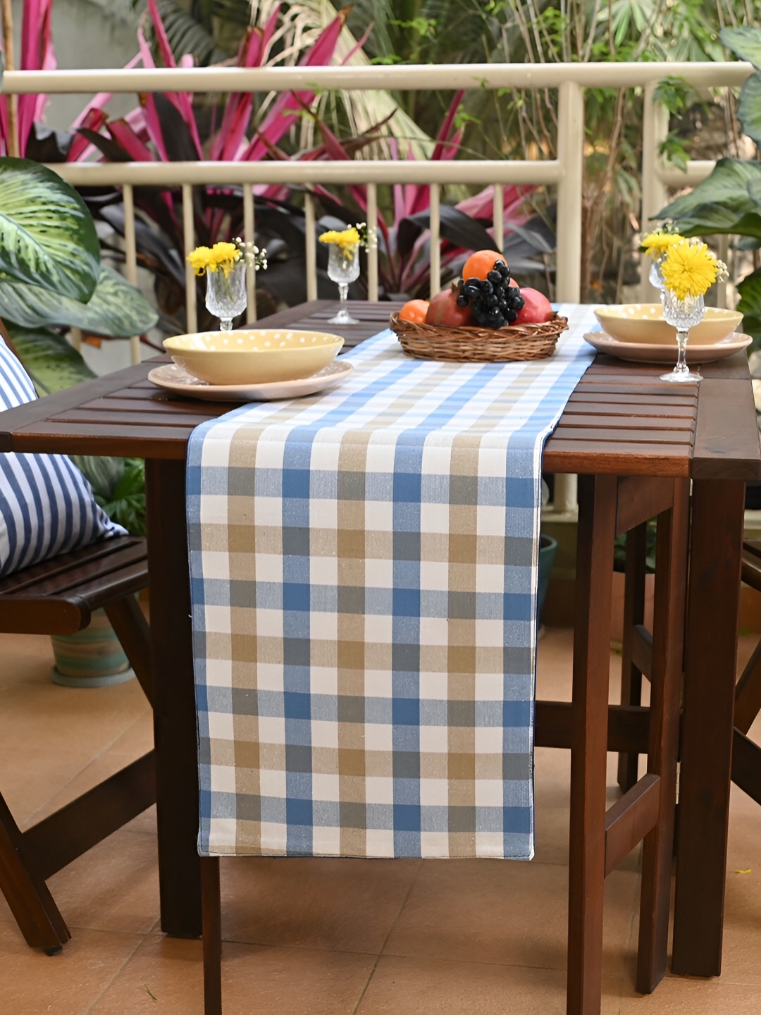 

FABURAA Blue Checked Quilted Pure Cotton Table Runner