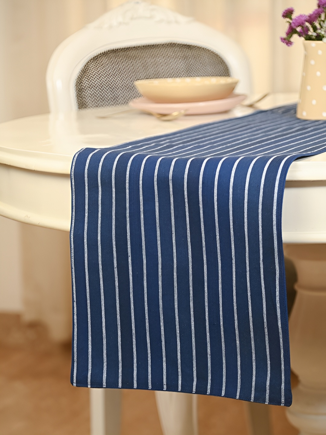 

FABURAA Navy Blue Striped Quilted Pure Cotton Table Runner