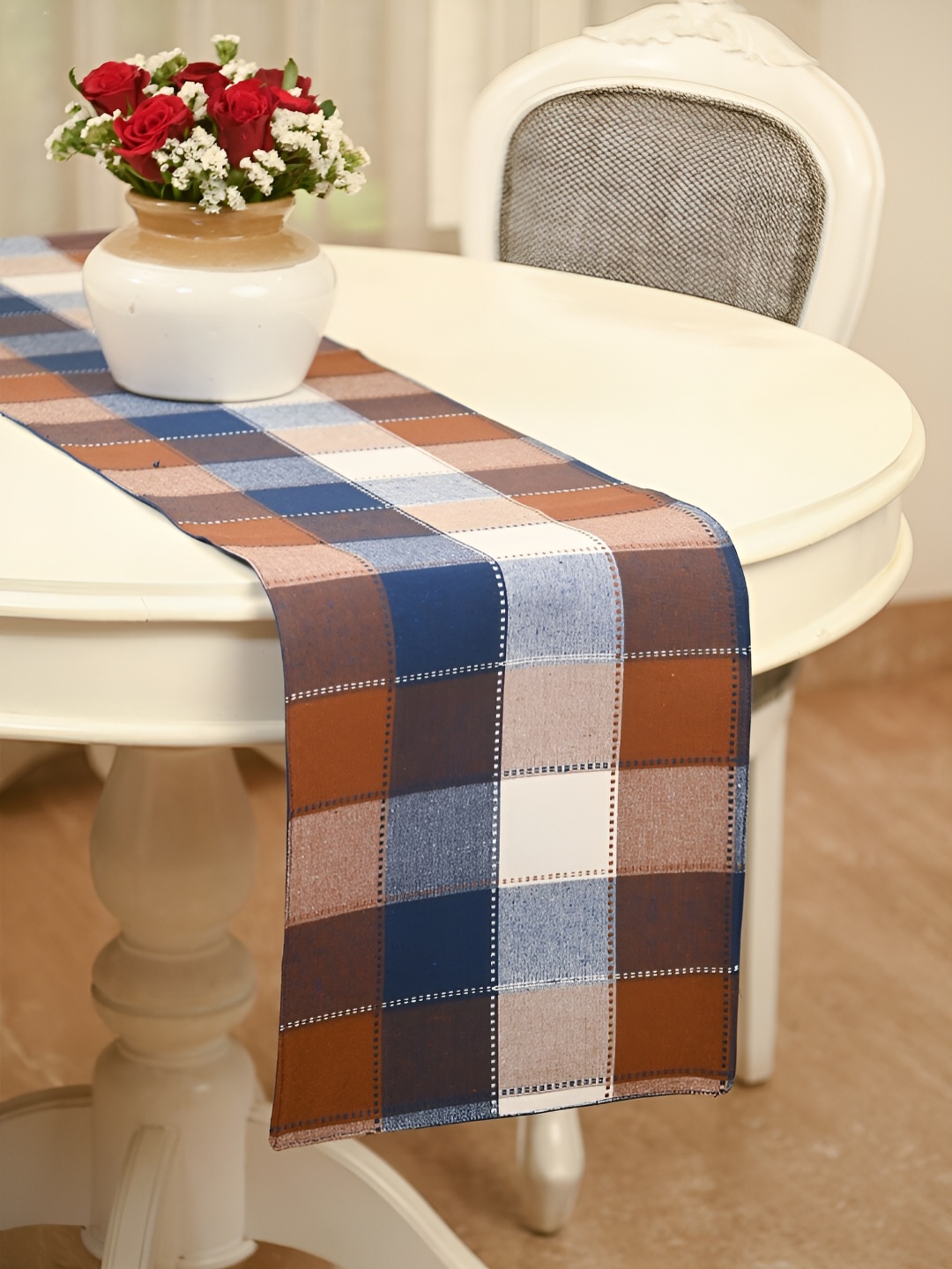 

FABURAA Brown & Blue Checked Cotton Table Runners