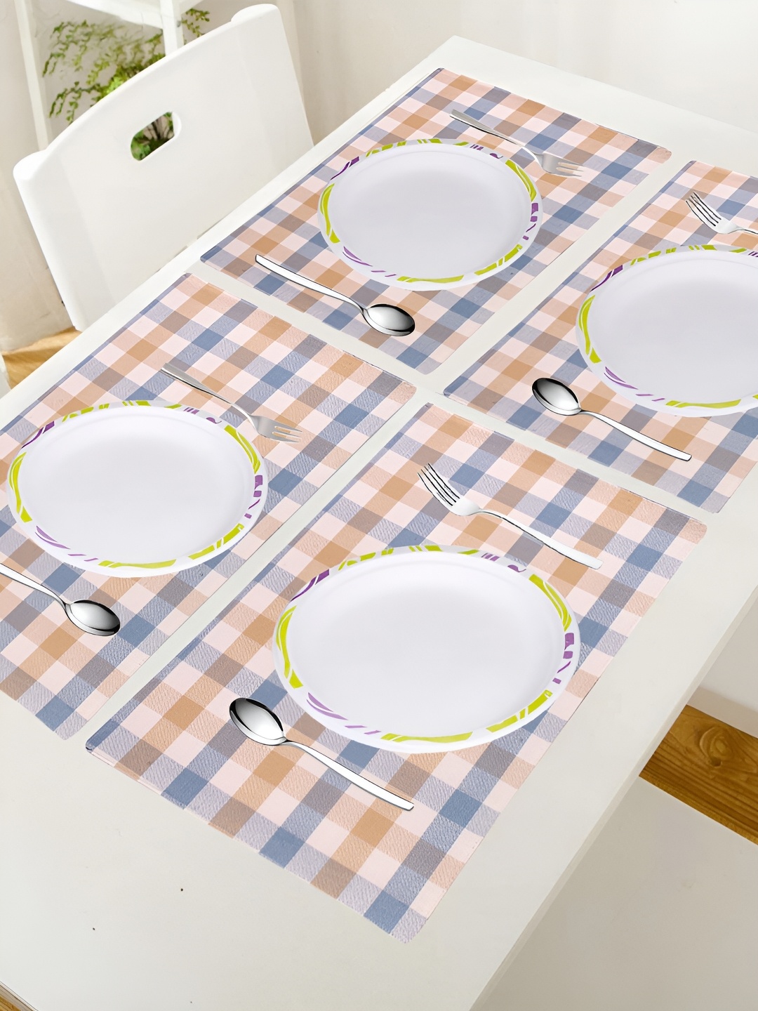 

FABURAA 4 Pieces Blue & Peach Checked Pure Cotton Table Placemats