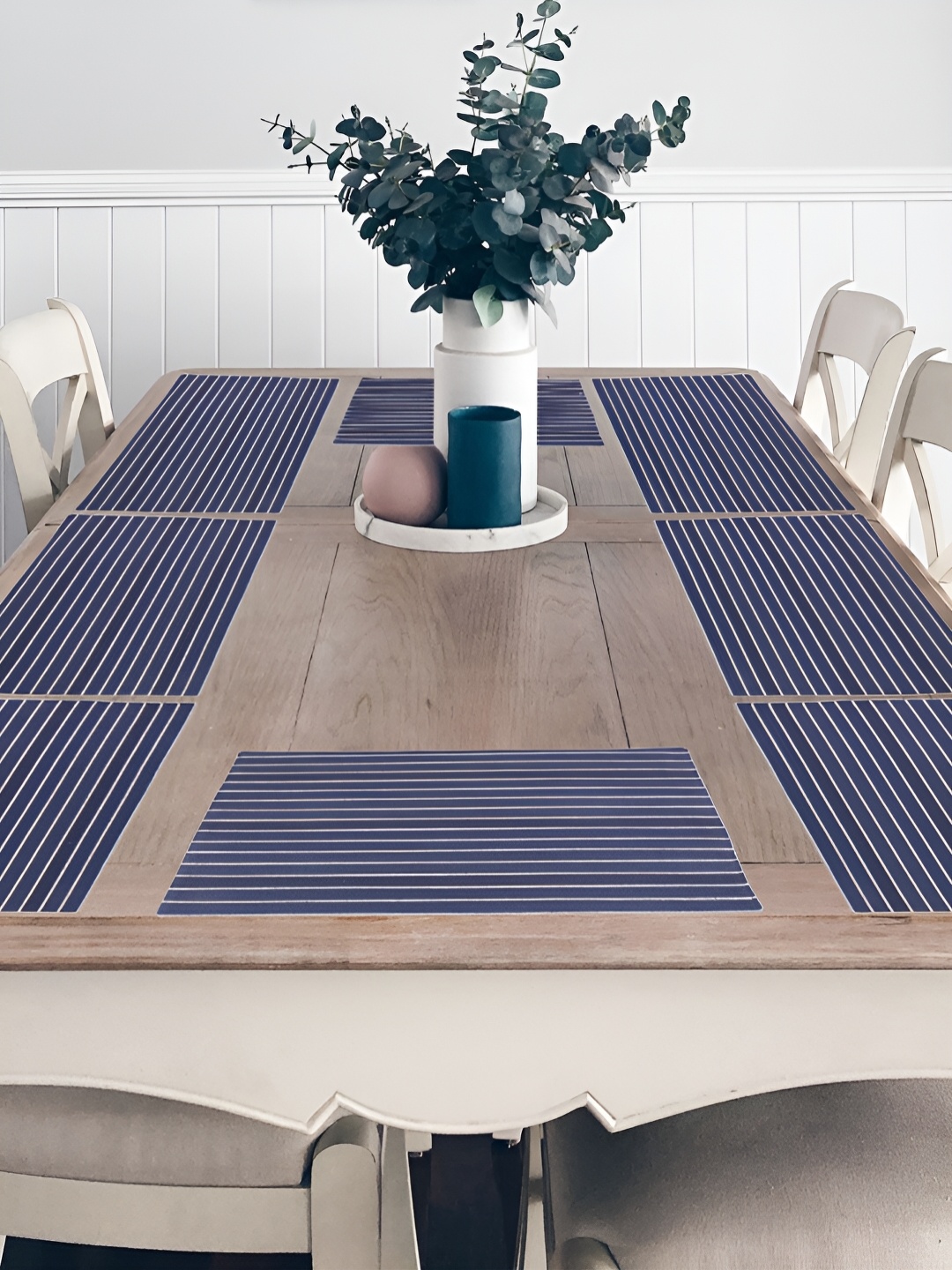 

FABURAA Blue 8 Pieces Striped Cotton Rectangle Table Placemats, Navy blue