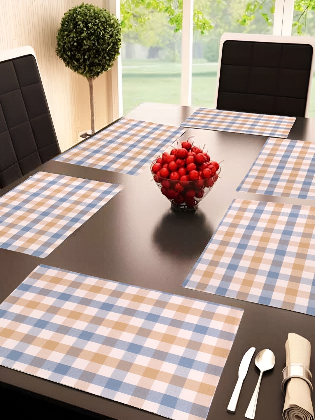 

FABURAA 6 Pieces Peach & Blue Checked Pure Cotton Table Placemats