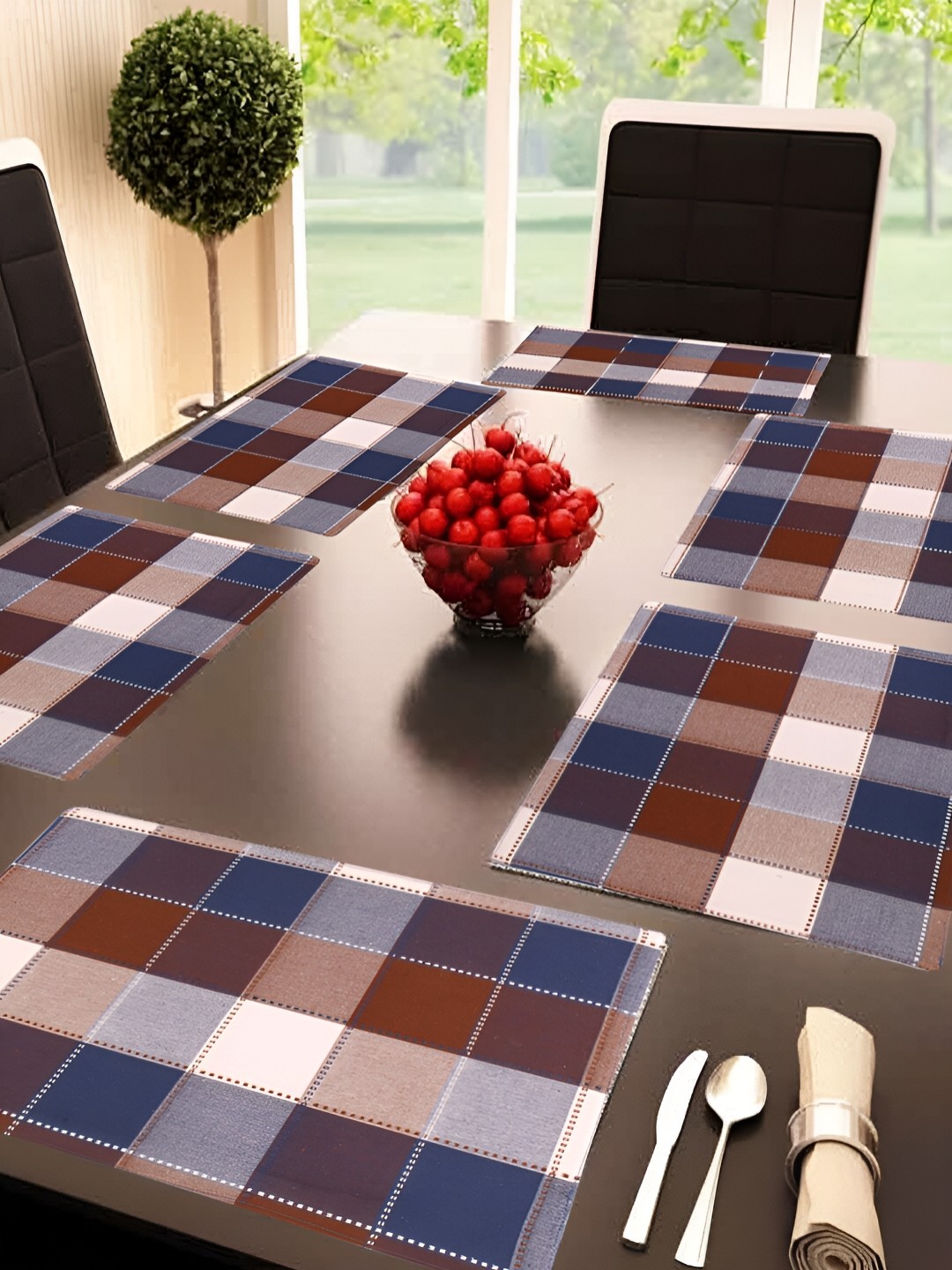 

FABURAA 6 Pieces Brown & Blue Checked Pure Cotton Table Placemats