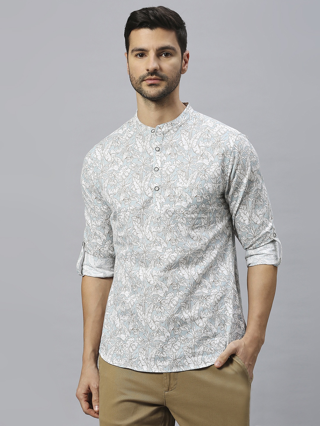 

VALEN CLUB Floral Printed Mandarin Collar Cotton Kurta, Blue