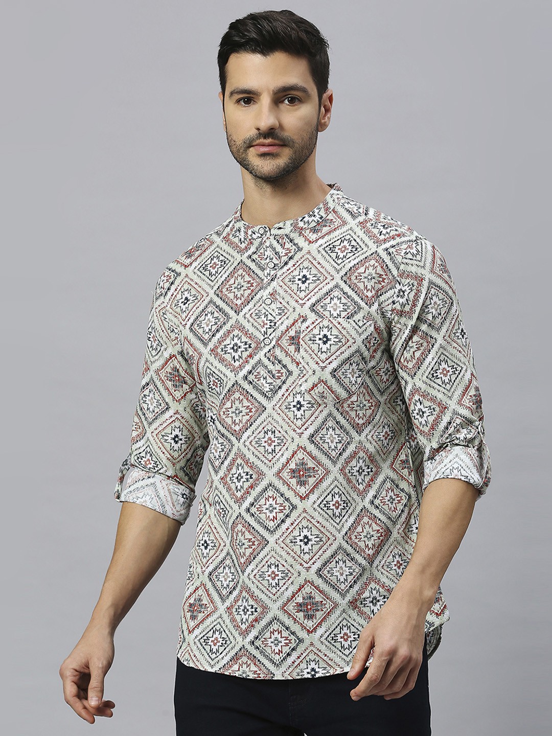 

VALEN CLUB Geometric Printed Mandarin Collar Cotton Kurta, Grey