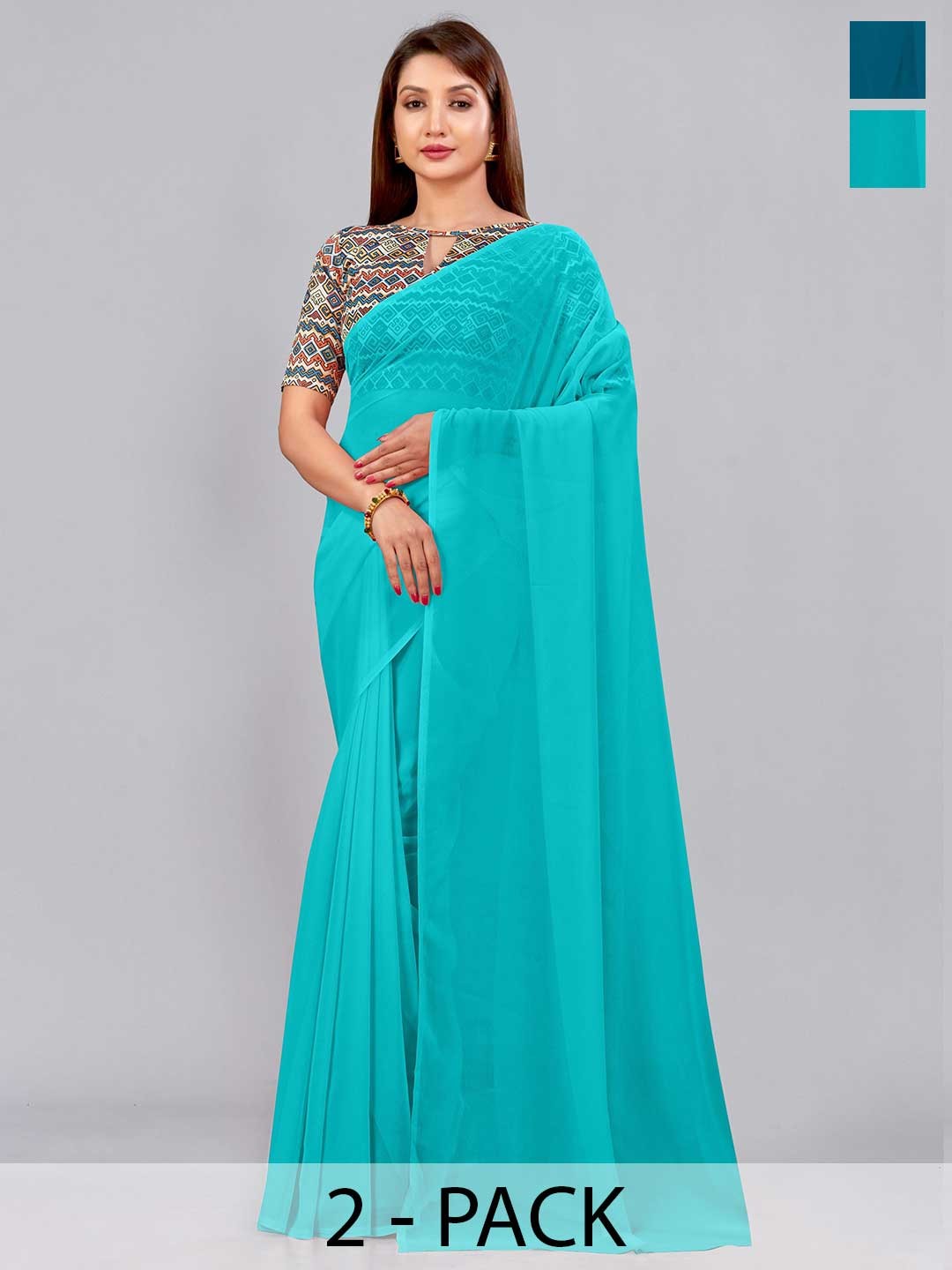 

CastilloFab Selection Of 2 Pure Georgette Saree, Turquoise blue