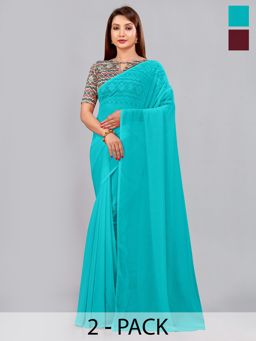 

CastilloFab Selection Of 2 Pure Georgette Saree, Turquoise blue