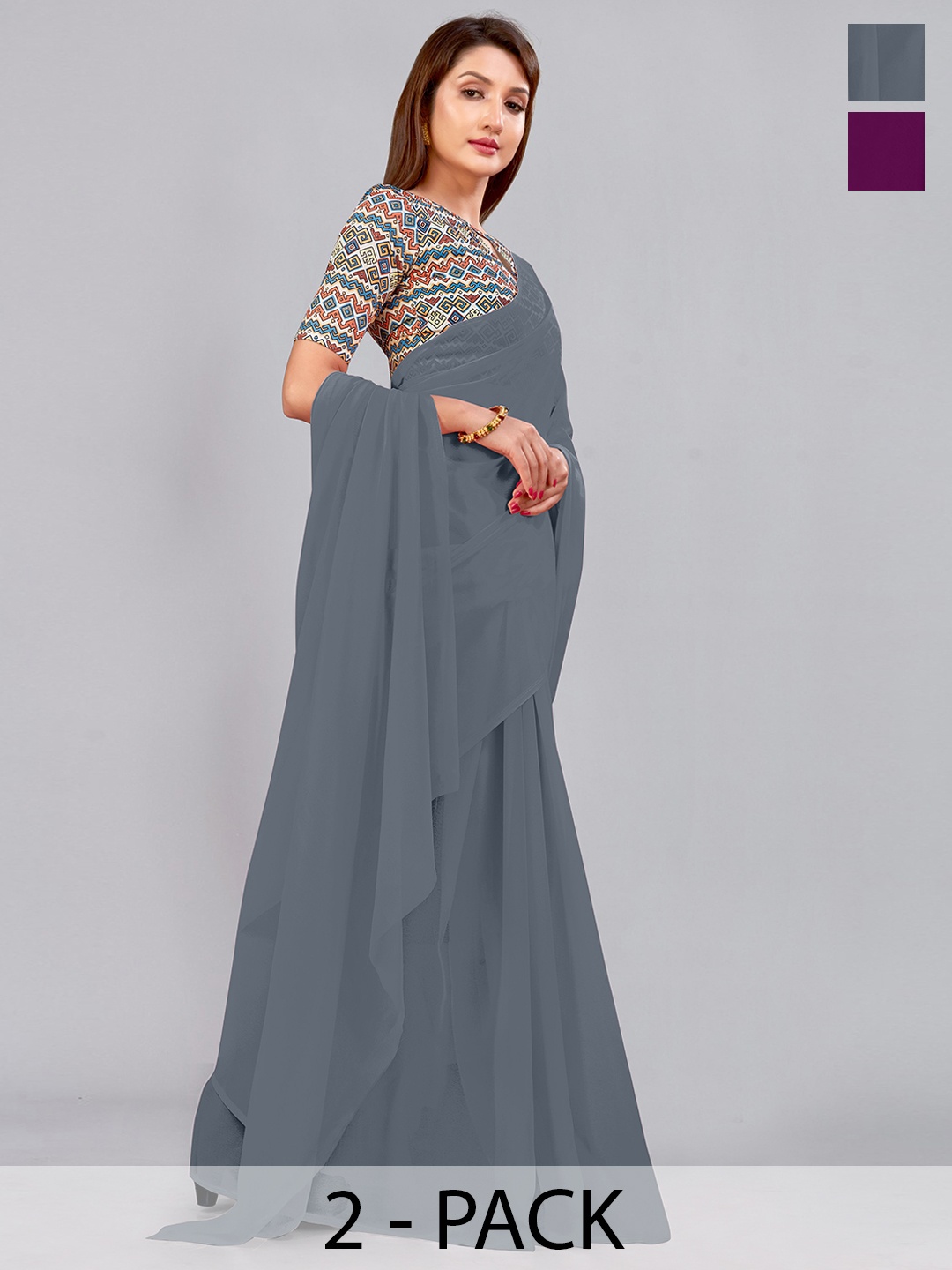 

CastilloFab Selection Of 2 Pure Georgette Saree, Grey